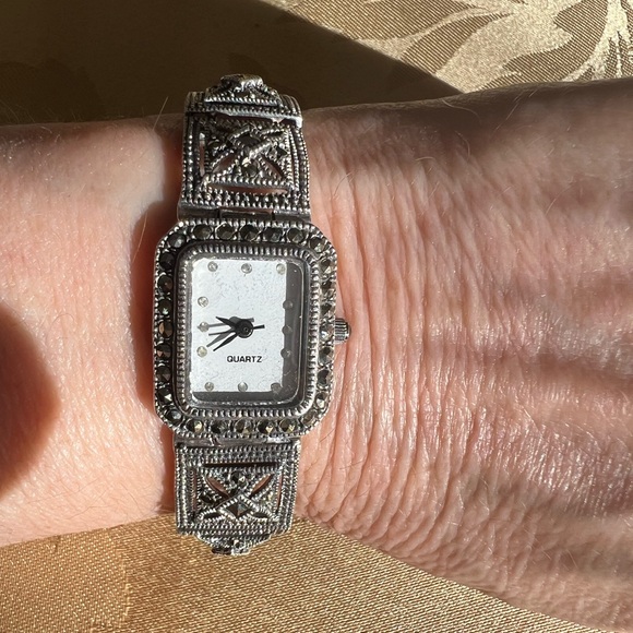 Vintage Art Deco Marcasite DBJ Sterling .925 Tank Watch with New Battery - Picture 7 of 15